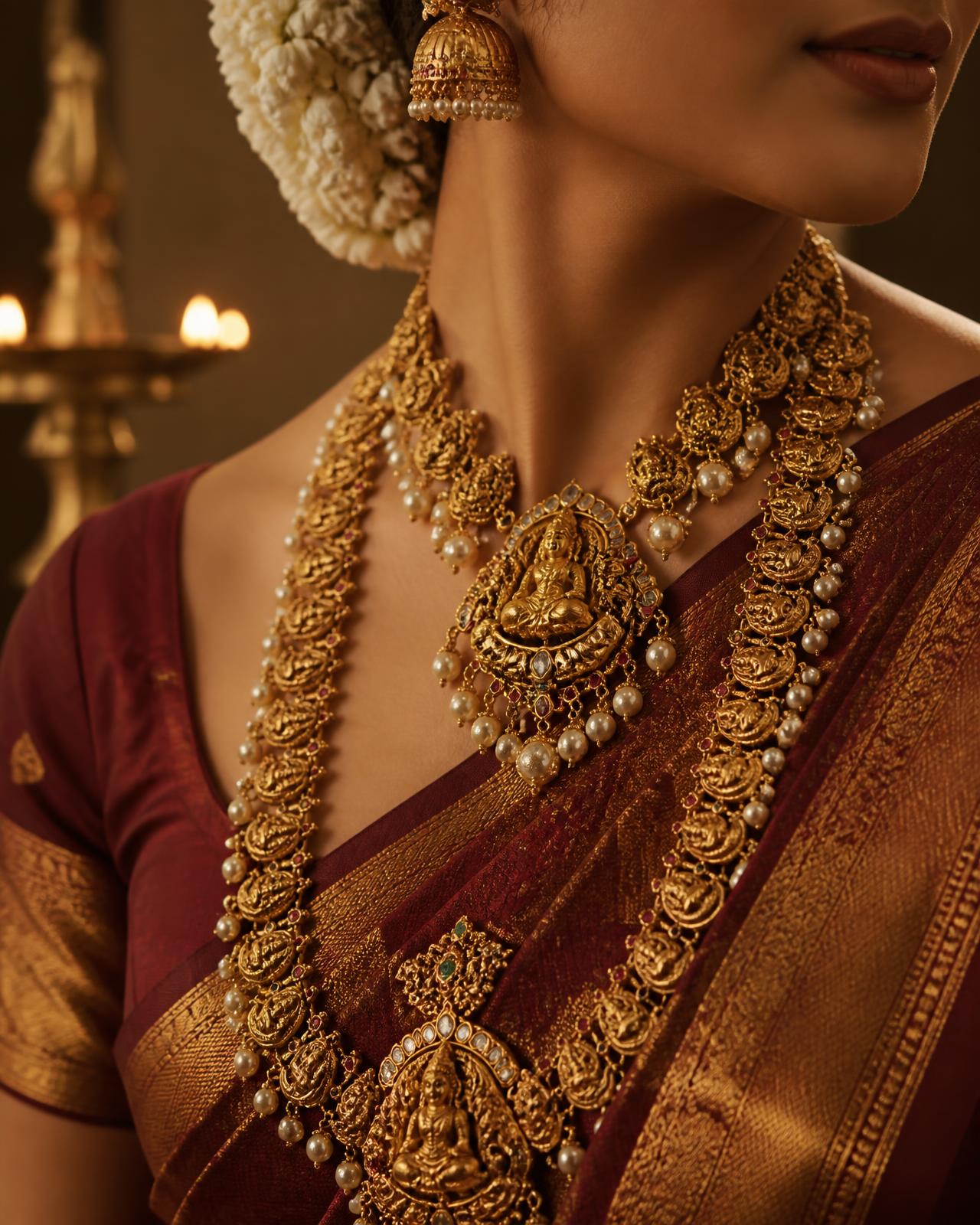 Bride wearing layered antique gold temple jewellery with a maroon Kanchipuram silk saree